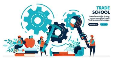 Vector illustration of people learning to repair machines. Trade school or vocational. University or college institution. Vocational education. Design for landing page, web, banner, template, poster