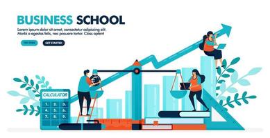 Vector illustration of people are calculating balance sheet on the scale. Bar chart diagram. Business, accounting and economic school. Design for landing page, web, banner, template, poster, ui ux