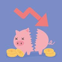 bankruptcy downward arrow broken piggy bank coins money business financial crisis vector