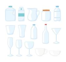 vasos de plástico o vidrio botellas maquetas desechables botella vasos conjunto de iconos vector