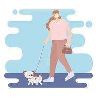 personas con mascarilla médica, mujer caminando con perro mascota, actividad de la ciudad durante el coronavirus vector