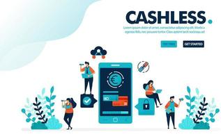 Vector illustration cashless society payment. People transactions without money or cashless. Mobile payment, banking and credit card. Designed for landing page, web, banner, template, flyer, poster