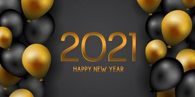 banner de feliz año nuevo con globos dorados y negros vector