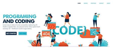 Coding and programming to find bugs in code set in solving error problems, 404, not found. Programming for software and mobile apps. Human vector illustration for website, mobile apps and poster