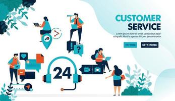 Servicio al cliente las 24 horas para ayudar a los usuarios a resolver problemas. El servicio de chat ayuda a hacer preguntas con problemas técnicos. ilustración vectorial plana para página de destino, web, sitio web, banner, aplicaciones móviles, folleto, cartel vector