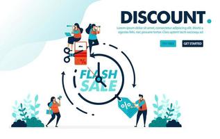 Vector illustration discount flash sale. People fighting and claiming discount voucher within a period. Time for a flash sale. Designed for landing page, web, banner, mobile, template, flyer, poster