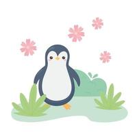 lindo pingüino flores hierba animal de dibujos animados vector