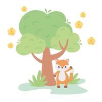 lindo pequeño zorro flores árbol prado animales de dibujos animados en un paisaje natural vector