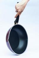 Hand holding a frying pan on a white background photo