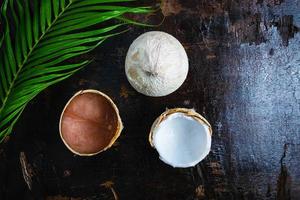 Top view of coconuts and a palm leaf photo