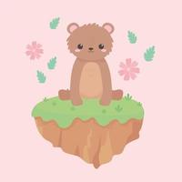 lindo oso flores hierba animales de dibujos animados en un paisaje natural vector