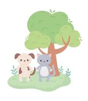 cute cat dog tree grass cartoon animals in a natural landscape vector