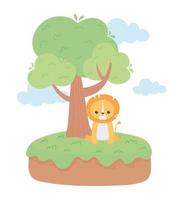 Cute little lion tree grass animales de dibujos animados en un paisaje natural vector