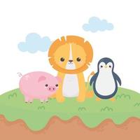 little lion pig and penguin cartoon animals in a natural landscape vector