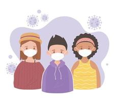 girls and boy with medical mask, prevention recommendation, coronavirus covid 19 vector