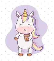 kawaii unicorn with coffee cup cartoon character magical fantasy vector