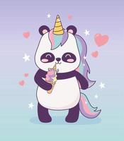 panda with unicorn ice cream cartoon character magical fantasy vector