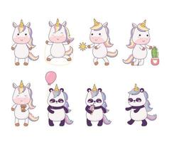 kawaii pequeños unicornios y panda con personaje de dibujos animados fantasía mágica vector