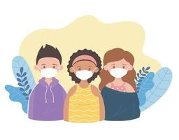 girls and boy with medical mask, prevention recommendation, coronavirus covid 19 vector