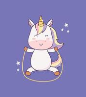 unicornio kawaii con cuerda para saltar personaje de dibujos animados fantasía mágica vector