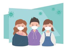 girls and boy with medical mask, prevention recommendation, coronavirus covid 19 vector