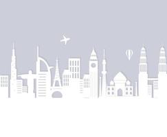 skyline landmarks air balloon and airplane architecture city silhouette vector