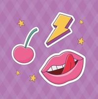 labios cereza y parche de rayo insignia de moda icono de decoración vector