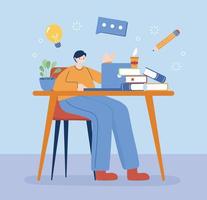 Man with laptop and books on desk vector design