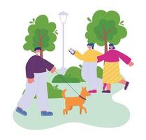 man with dog and friends girls with smartphone walking in park vector