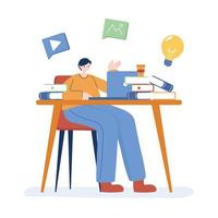 Man with laptop and books on desk vector design