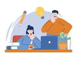 Woman and man with laptop on desk vector design