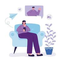 young woman with smartphone sitting on sofa chatting vector