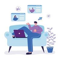 young man character with laptop chatting sitting on sofa vector