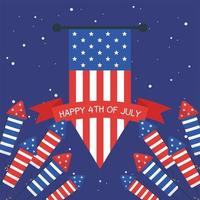 Independence day fireworks with banner flag and ribbon vector design