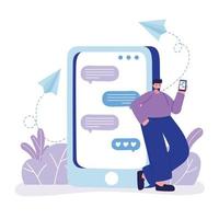 young man character with smartphone communicate chatting vector