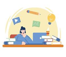 Woman with laptop and books on desk vector design