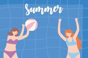 summer pool with girls and inflatable, playing ball vector