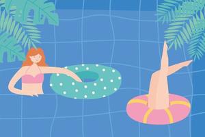summer pool with girls and inflatable, playful time vector