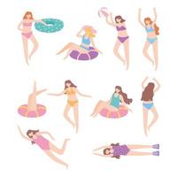 people dressed in swimwear relaxing and floating on inflatable with ball vector