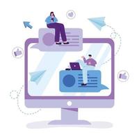 couple with laptop and smartphone chatting speech bubbles vector