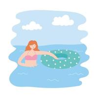 Piscina de verano con mujer con inflable, tiempo lúdico. vector