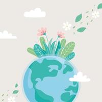 mundo con flores deja nubes ecología salvar el planeta proteger la naturaleza y el concepto de ecología vector