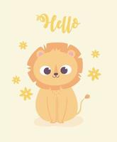 lindo animal de dibujos animados adorable personaje salvaje pequeño león salvaje con flores vector