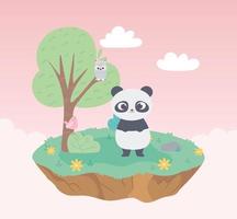 cute panda bird and owl in branch animals cartoon meadow tree and flowers nature vector