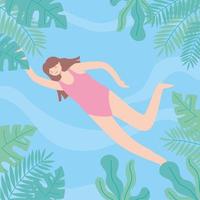 Mujer en bikini nadando en la piscina, marco de hojas de follaje vector
