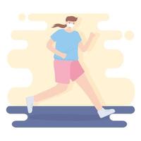 people with medical face mask, young woman practicing running, city activity during coronavirus vector