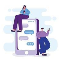 Woman and man with smartphone chatting vector design