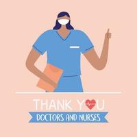 thank you doctors and nurses, female nurse with mask and report medical vector