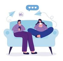 Women on couch with smartphone chatting vector design