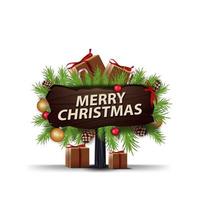 Merry Christmas, wooden pointer with frame of Christmas tree branches decorated with presents and candy canes. Wooden greeting sign isolated on white vector